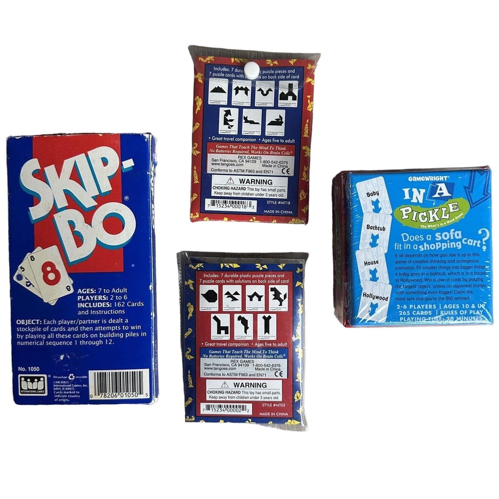 Card Game LOT Vintage 1993 Skip Bo Card Game, Tangoes, and In a Pickle Game